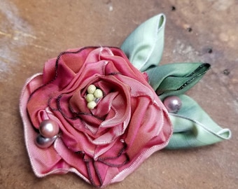 Ribbon Rose Pin, Handmade Flower Corsage