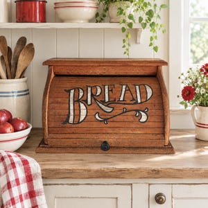 May include: A rectangular wooden bread box with a roll-top lid featuring the word BREAD in large, decorative black lettering. The box has a dark brown finish, horizontal slats, and a small black circular knob at the bottom center.