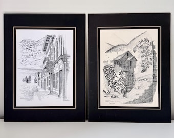 Vintage Rustikal Pen & Ink Wandkunst Signierte Kunst vom Colorado Künstler MACKAY