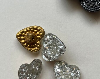 Glass Heart 18mm Vintage 1950's BUTTONS, choose silver or gold backed