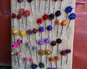 Bobbi pins, 2" long, with LG vintage 1950's Japan celluloid flowers, hand dyed. Set of two