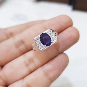 Anello con grande zaffiro, anello con zaffiro blu per uomo, anello con zaffiro blu per donna, anello in argento 925 da uomo con vero Neelam, regalo