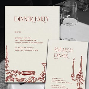 May include: Two red and white invitation cards for a dinner party and rehearsal dinner. The cards feature a handwritten font and illustrations of candles and a table setting.