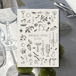 50+ eleganti icone per la cena di prova / illustrazioni digitali personalizzabili per inviti agli eventi
