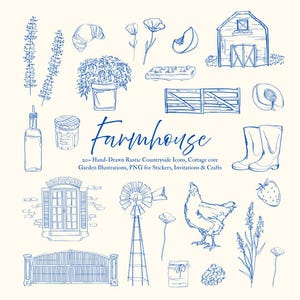 Pode incluir: Um conjunto de mais de 20 ilustrações desenhadas à mão em azul de ícones de campo rústico, elementos de jardim de estilo cottage core e objetos de fazenda. As ilustrações incluem um celeiro, um moinho de vento, um portão, uma janela, uma galinha, uma planta em vaso, um frasco, um pêssego, um morango e lavanda.