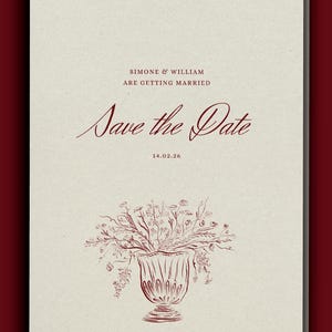 Elegante Blumen Hochzeit Save the Date Karten | Personalisierbar & digitaler Download | Vintage Vase Hochzeitseinladung Vorlage | Rote Packung