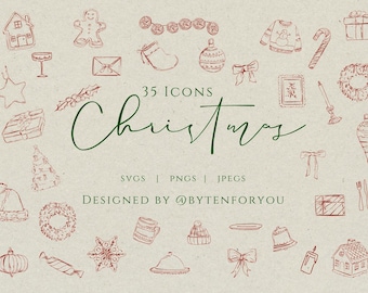 35 iconos navideños dibujados a mano / Imágenes prediseñadas festivas de arte lineal para invitaciones / Bocetos navideños minimalistas en formato PNG