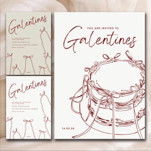 Puede incluir: Tres invitaciones imprimibles para una fiesta de Galentine's Day. Las invitaciones presentan un fondo beige con una fuente roja manuscrita y un dibujo de línea roja de una corona con lazos. El texto en las invitaciones dice "You are invited to Galentines 14.02.26".