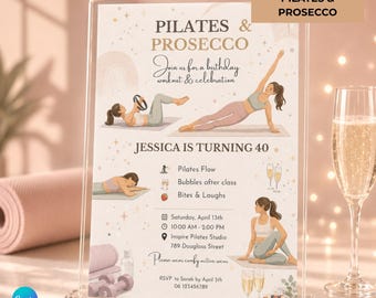 Pilates & Prosecco-Geburtstagseinladung Frauen, Fitness-Party einladen, Brunch-Geburtstagsvorlage, bearbeitbare Canva, Wellnessparty