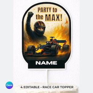 Set de adornos para tartas de coches de carreras editables / Adorno de cumpleaños de Fórmula 1 / Plantilla imprimible de Canva / Decoraciones para fiestas de carreras de cumpleaños de niño