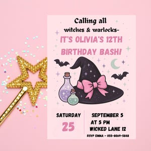 Invitación de cumpleaños de bruja rosa para niña, plantilla para fiesta de Halloween