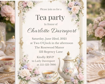 Regency Tea Party Invitation Editable Canva Template Floral High Tea Invitation Elegant Afternoon Tea Invite