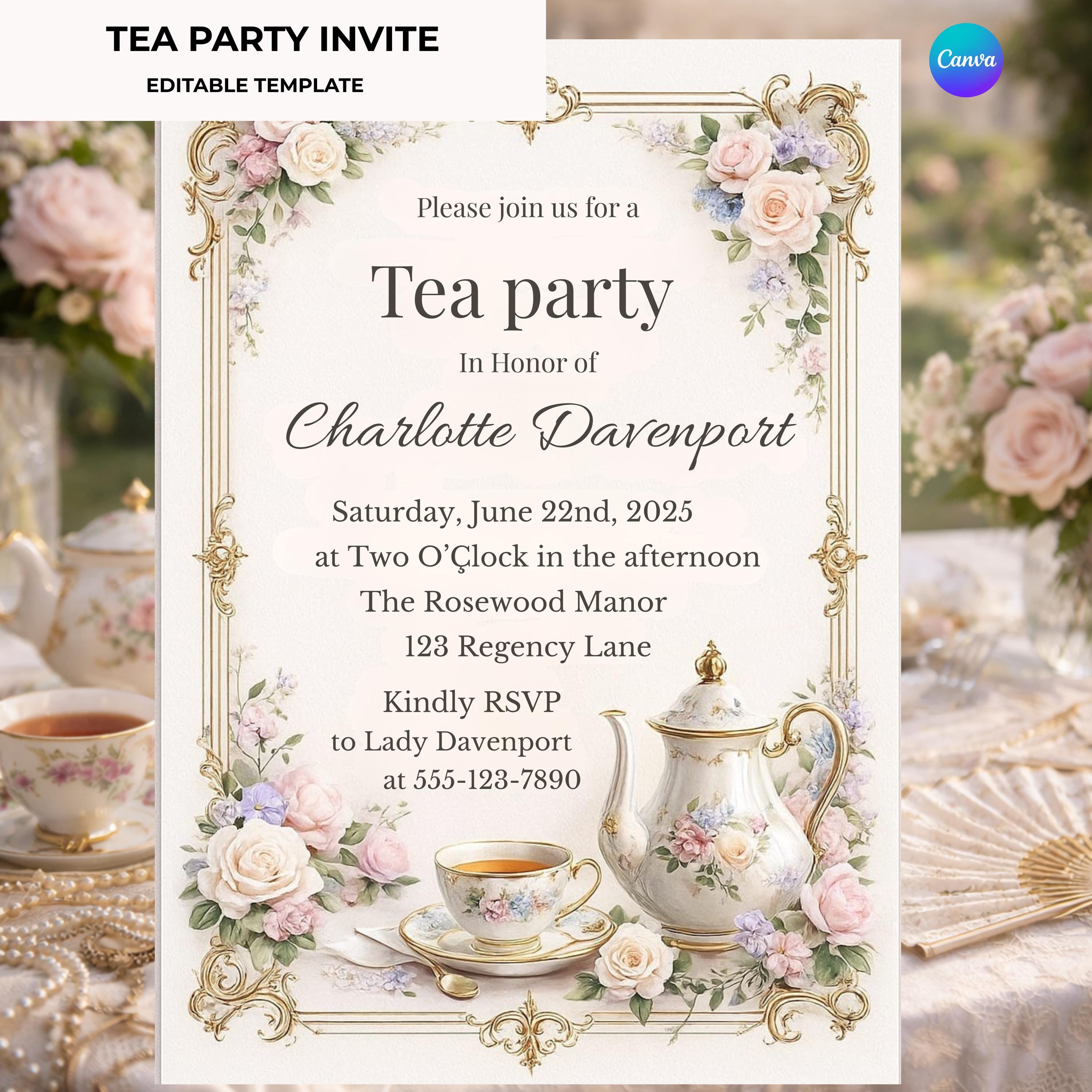 Regency Tea Party Invitation Editable Canva Template Floral High Tea ...