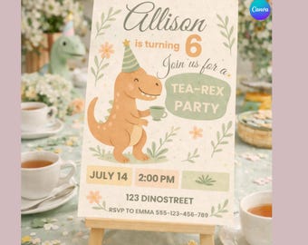 Invitación de cumpleaños de Tea Rex, invitación para fiesta de dinosaurios para niñas, linda fiesta de té de dinosaurios en tonos pastel, plantilla editable de Canva