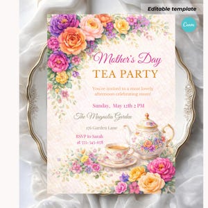 Mother’s Day Brunch Invitation Pink, Floral Brunch Party Invite, Editable Canva Template, Ladies Brunch, Elegant Celebration