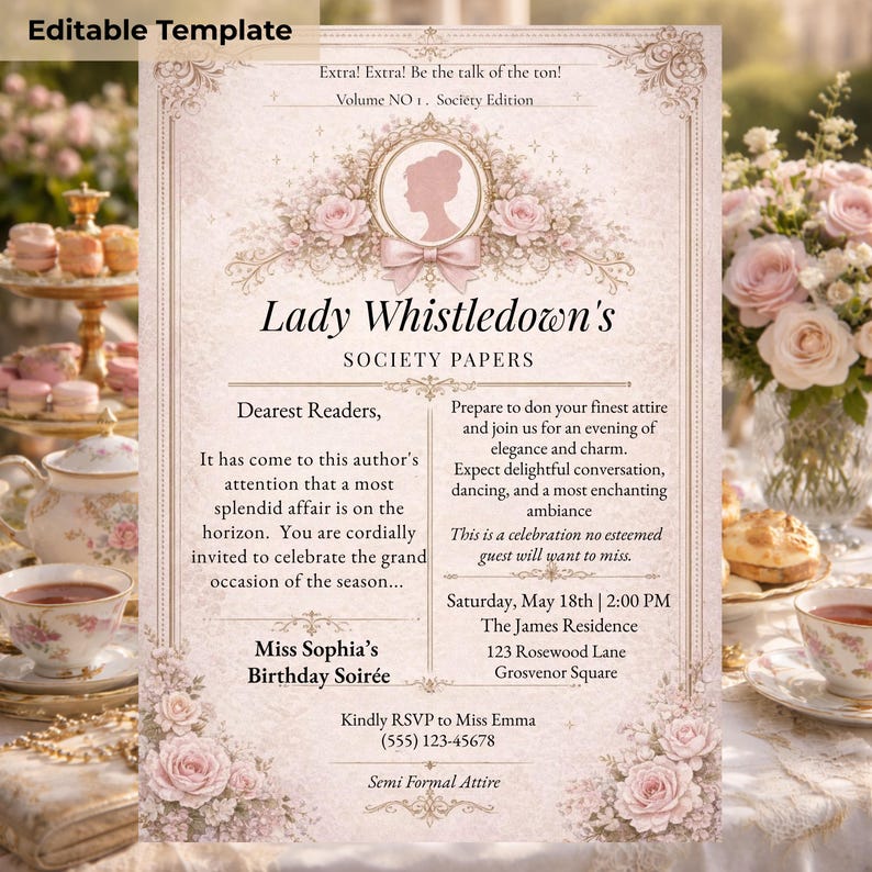 elegant floral invitation beige tea party birthday template