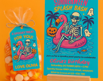 Summerween Invite | Hot Ghoul Summer | Coquette Halloween | Editable Canva Halloween | Spooky Pool Party Invitation