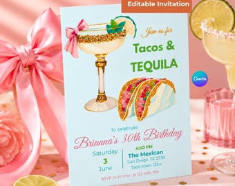 Invito di compleanno a tema tacos e tequila / Invito di compleanno a tema festa / Invito per festa a tema tacos / Modello Canva modificabile