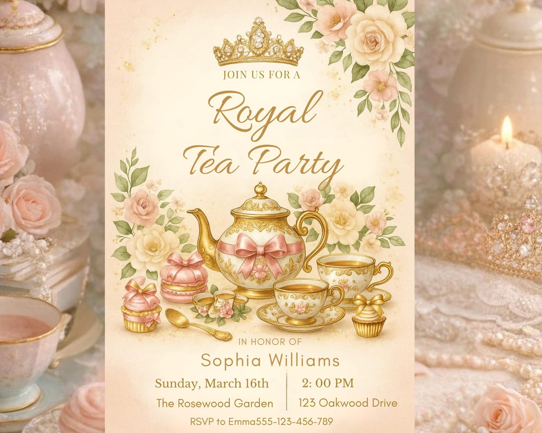 Royal Princess Tea Party Invitation Editable Canva Template Printable ...