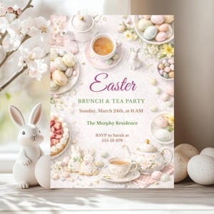 Könnte beinhalten: Eine Einladung zum Osterbrunch und zur Teeparty mit floralem und pastellfarbenem Thema. Die Einladung enthält den Text "Easter Brunch & Tea Party" und Details zur Veranstaltung. Dekorative Elemente sind Teetassen, Makronen und Ostereier.