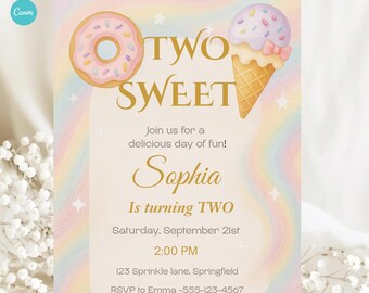 Zoete verjaardagsuitnodiging twee, meisje, uitnodiging 2e verjaardagsfeestje, donutijsthema, pastel zoet feest canvassjabloon
