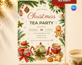 Christmas Tea Party Invitation, Editable Canva Holiday Tea Invite, Winter Tea Party, Christmas Brunch Evite