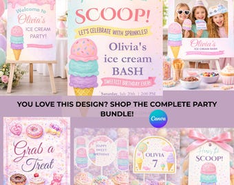 Paquete de cumpleaños con temática de helados, invitación de cumpleaños con temática de helados editable, decoración para fiestas "Aquí está la primicia", cumpleaños de niña en tonos pastel, plantillas de Canva para toppers