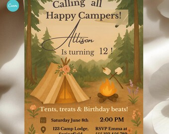 Happy Camper Birthday Invitation Girls, Boho Camping Sleepover Party Invite, Tween Glamping Birthday Canva Template
