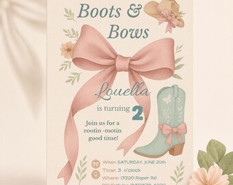 Boots and Bows Birthday Invitation | pink cowgirl western party | editable canva template PDF