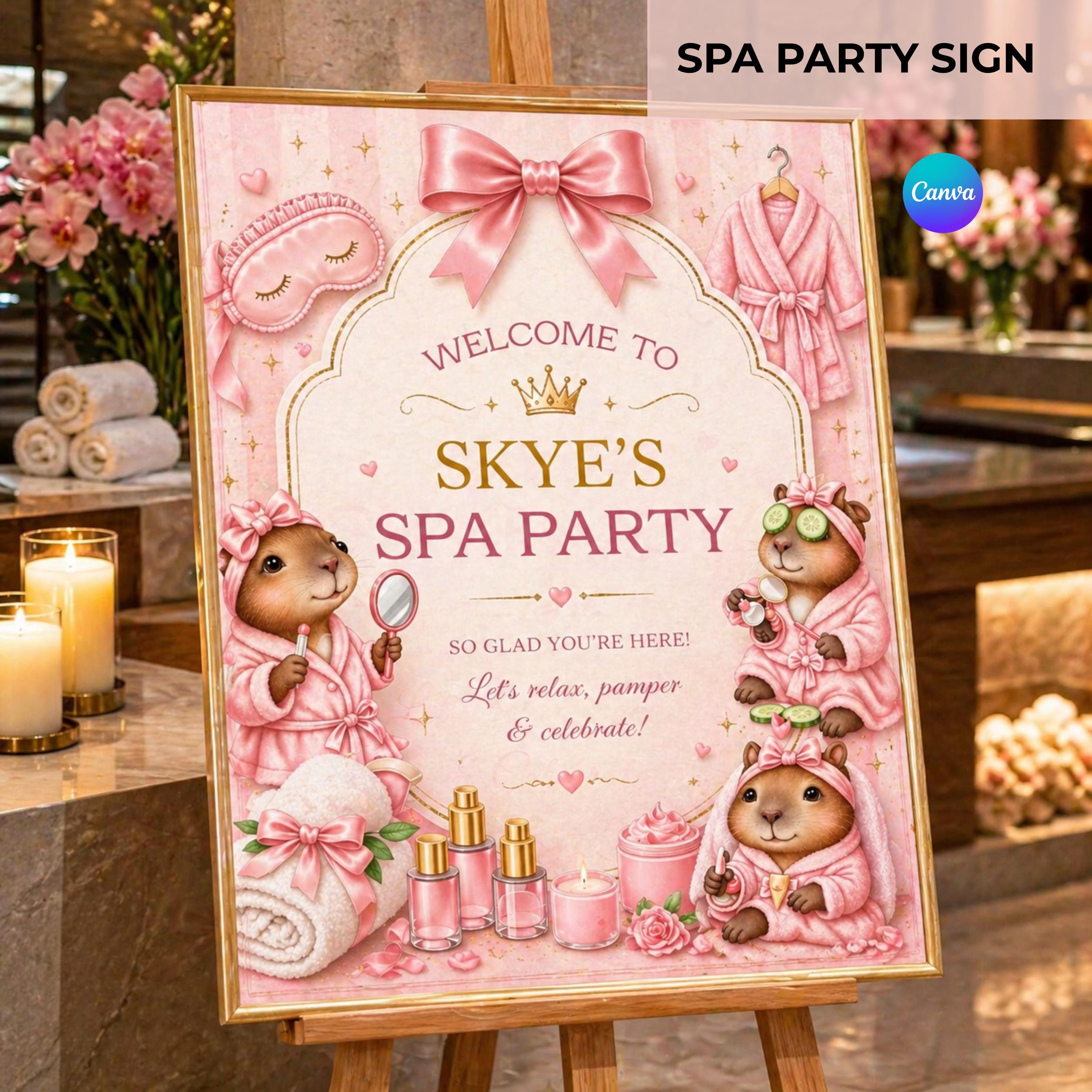 Spa Party Welcome Sign Editable Canva, Pink Spa Birthday Sign Girl ...