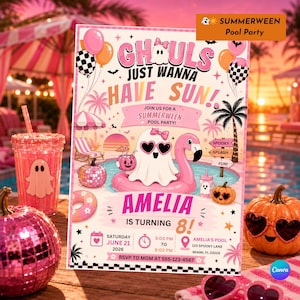 Redigerbar Canva-mall för sommarpoolparty, läskig stänkfödelsedagsinbjudan, rosa spökfest