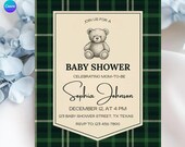 Teddy Bear Baby Shower Invitation Green Plaid, Editable Canva Template, Gender Neutral Baby Invite, Woodland Baby Shower