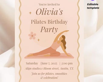 Pink Pilates Birthday Invitation 30th, Yoga Party Invite Women, Fitness Birthday Girls Night, Editable Canva Template