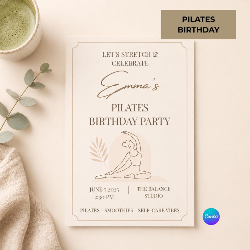 self care birthday invitation pilates party editable template