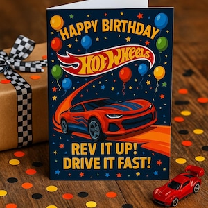 Tarjeta de cumpleaños de coche de carreras en PDF – Doblada e imprimible en 5 tamaños – Estilo Hot Wheels – Plantilla editable de Canva – Descarga digital instantánea