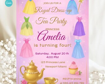 Invitación de cumpleaños para niña con temática de fiesta de té de princesa, color rosa, ideal para vestir como una princesa. Plantilla editable de Canva.