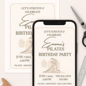 “Printable Pilates Birthday Party invitation mock-up on A4 paper with two cards visible, complete with thin cut lines, metal scissors, and ruler on a light wooden surface. Overlay text reads ‘Printable Template – Ready to Cut’.”