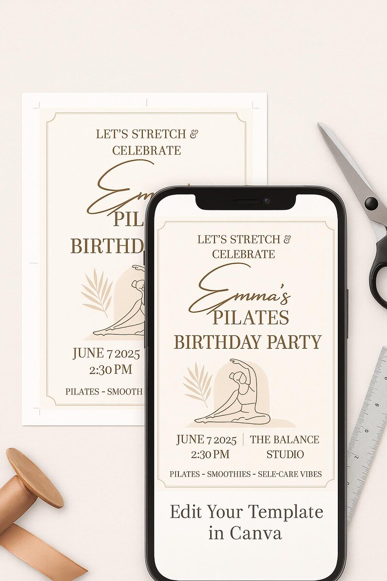 “Printable Pilates Birthday Party invitation mock-up on A4 paper with two cards visible, complete with thin cut lines, metal scissors, and ruler on a light wooden surface. Overlay text reads ‘Printable Template – Ready to Cut’.”