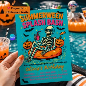 Coquette Halloween Invitation Editable Canva Template, Summerween Pool Party Invite, Pink Spooky Birthday