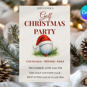 Golf Christmas Dinner Invitation | Holiday Par-Tee Canva Template | Editable Golf Party Invite | Instant Digital Download