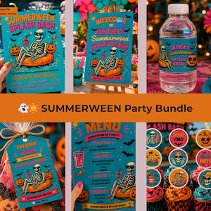 May include: A Summerween party bundle featuring invitations, a welcome sign, water bottle labels, gift tags, a menu, and cupcake toppers. The designs include a skeleton on a float, pumpkins, and the text "Summerween Splash Bash!"