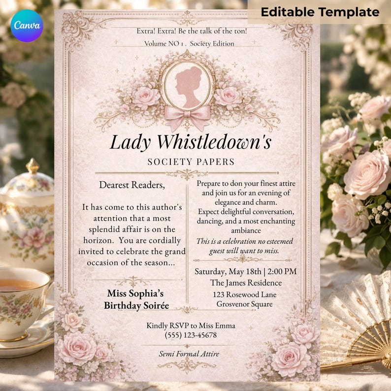 floral birthday invitation tea party elegant beige template