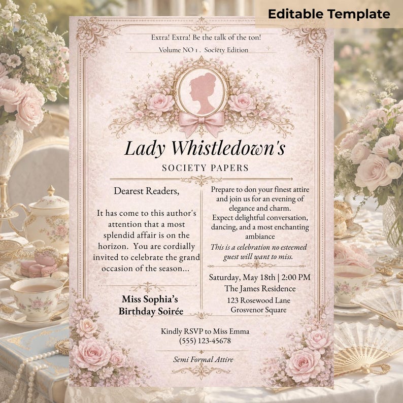 romantic birthday invitation floral tea party editable canva