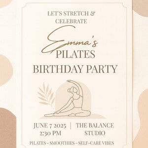 “Minimalist Pilates Birthday Invitation – Editable Canva Template on neutral background with soft blush and sand tones – Modern wellness party invite, printable Pilates celebration card.”