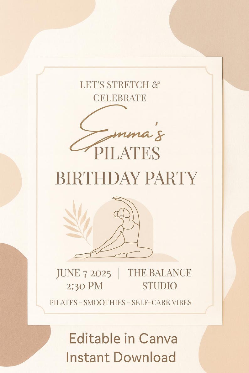 “Minimalist Pilates Birthday Invitation – Editable Canva Template on neutral background with soft blush and sand tones – Modern wellness party invite, printable Pilates celebration card.”