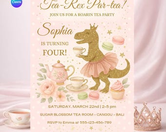 Invitación a fiesta de té de dinosaurios Tea Rex, invitación de cumpleaños para niña, plantilla editable de Canva, linda fiesta de té de dinosaurios, descarga digital