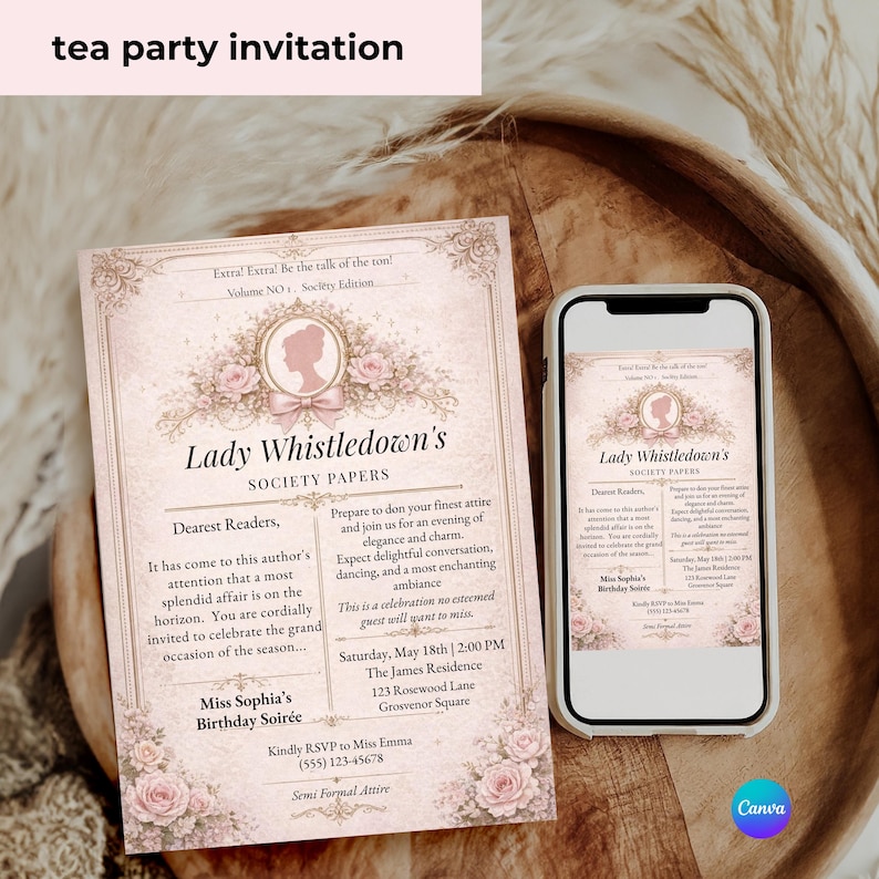 romantic floral invitation beige elegant birthday tea party invite