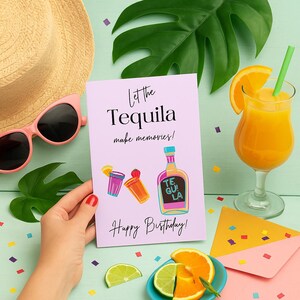 Tarjeta de cumpleaños imprimible con tequila: saludo digital divertido para ella, descarga instantánea, doble cara, tamaños A2, A6, A7 y 4x6