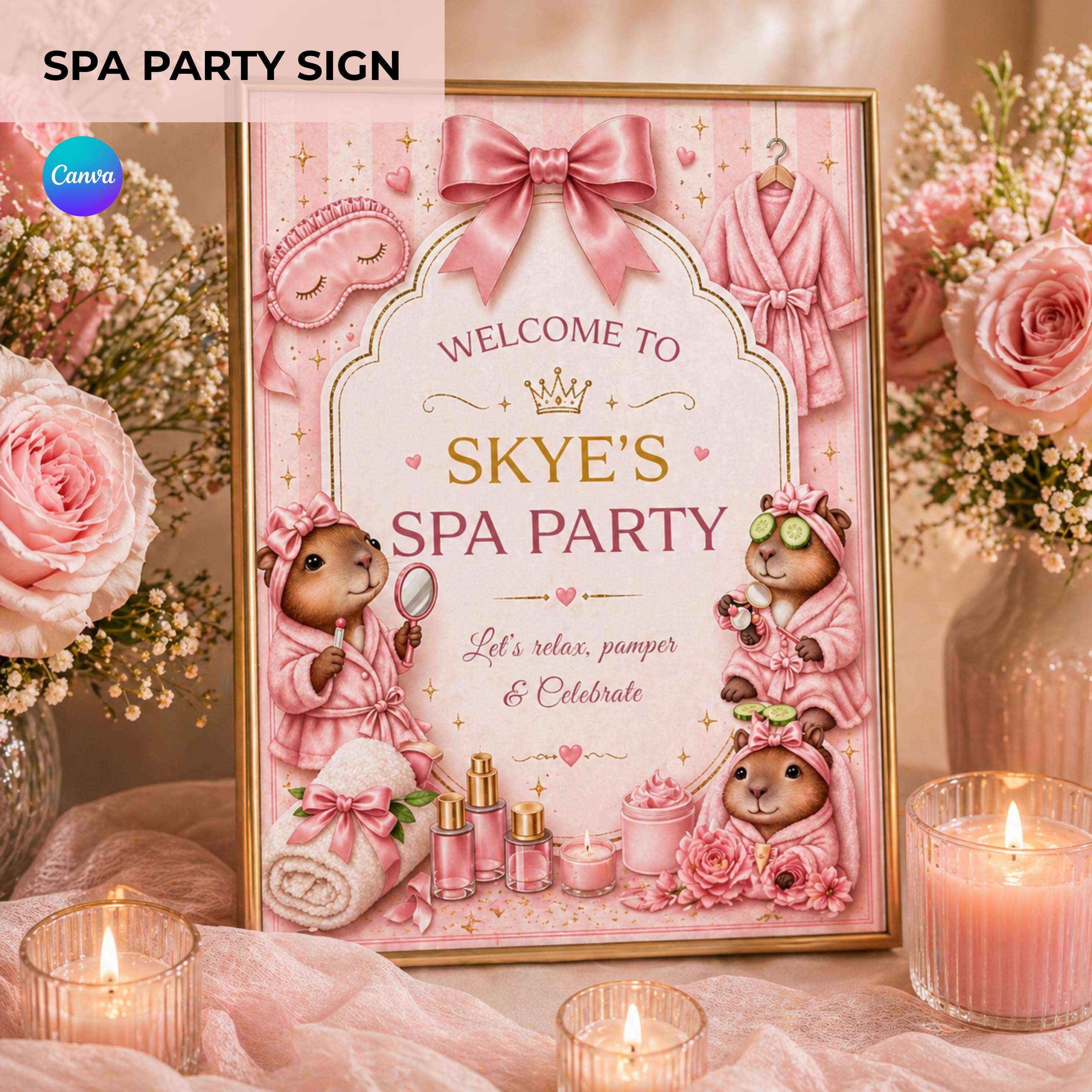 Spa Party Welcome Sign Editable Canva, Pink Spa Birthday Sign Girl ...
