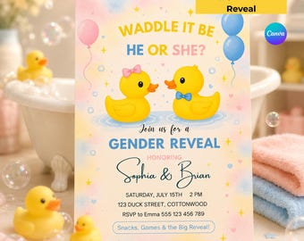 Modèle de toile modifiable d'invitation de sexe de canard, dandinez-vous, invitez-vous à une baby shower, lui ou elle fait la fête